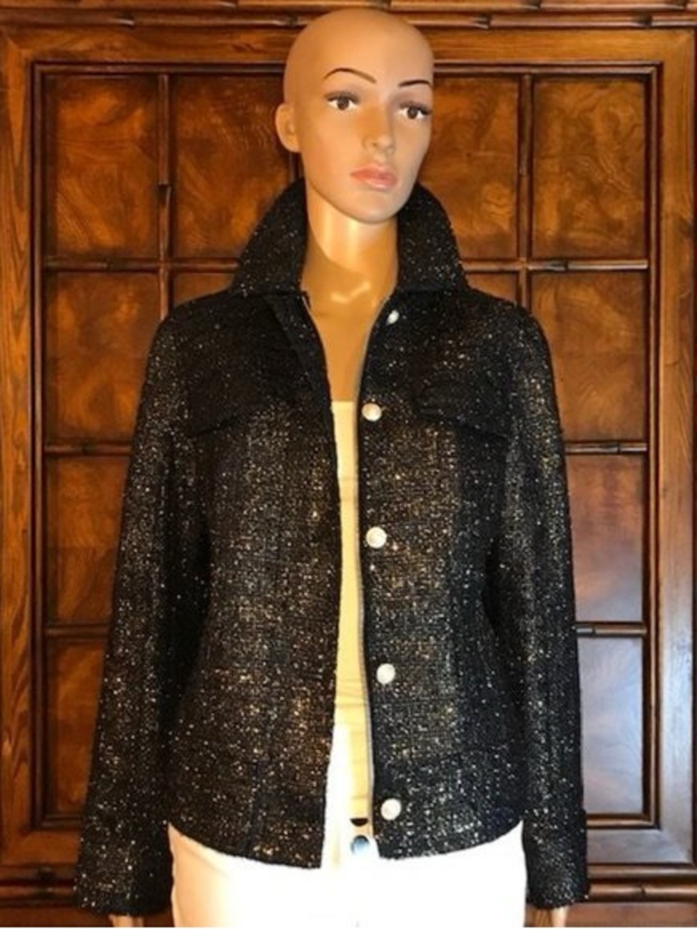 Chico's Navy Tweed Jacket with Pearl Buttons. Item # 11519